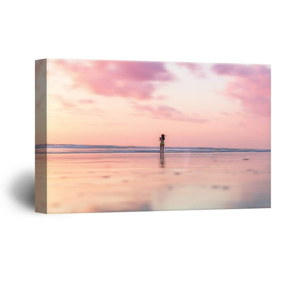 wall26 - Canvas Wall Art Walking in Pink Sunset Glow Paintings Framed Ready to Hang - 12x18 inches