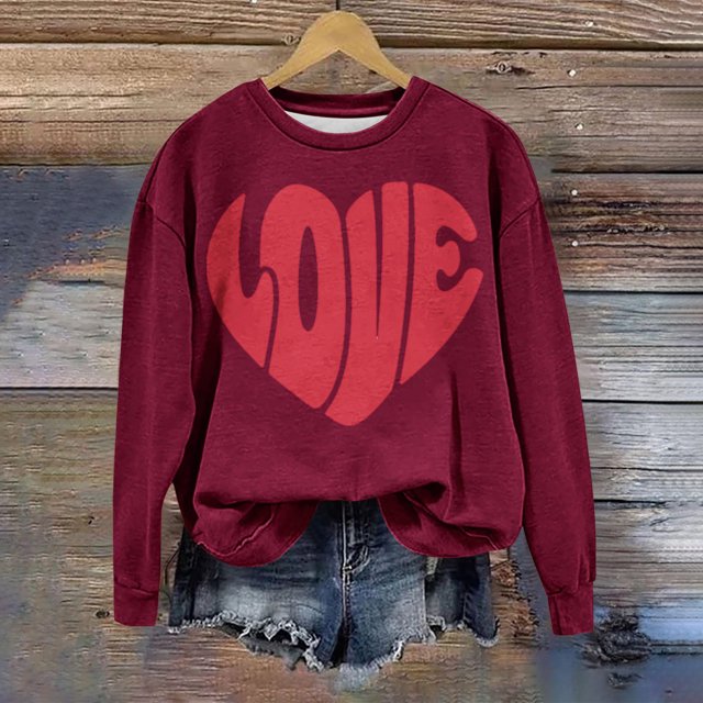 Jsaierl Sweatshirts de la Saint-Valentin pour Femmes Manches Longues Imprimé Cœur Pull Col Rond Chemises Décontractées Confortables
