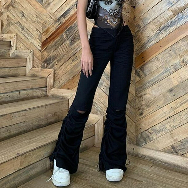 Sexy Mesh Hole Grunge Skinny Pants Women High Waist See Through