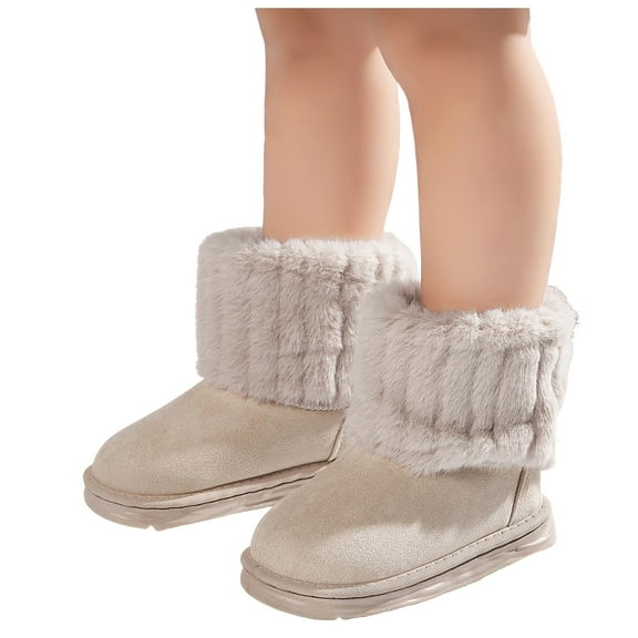 Girls Platform Snow Boots Plush Fold Over Casual Suede Round Toe Chunky Soft Sole Pull on High Top Winter Ankle Booties 12.5 Little Kid Khaki