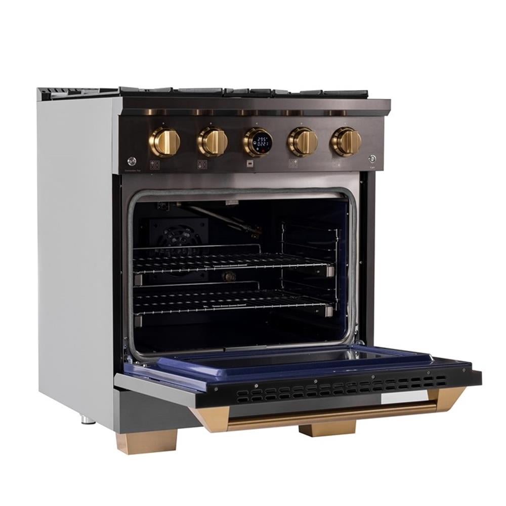 Pemberly Row Dual Fuel Range Natural Gas in Titanium & Wall Mount Range Hood