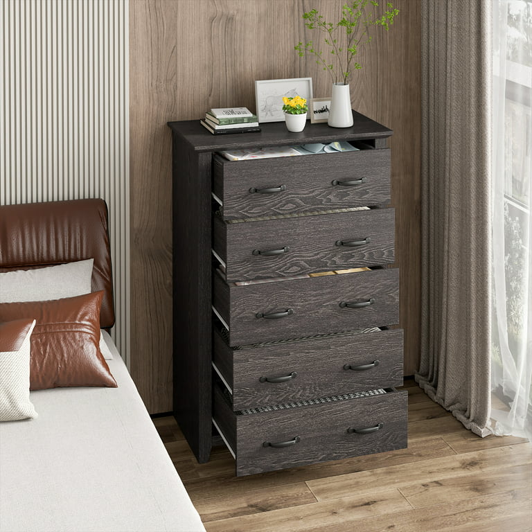 Wood Chest Dresser, BTMWAY Dark Gray Storage Drawers for Bedroom, Tall 5  Drawer Chest Storage Organizer with 4 Wheel, Makeup Drawer Cabinet Bedroom