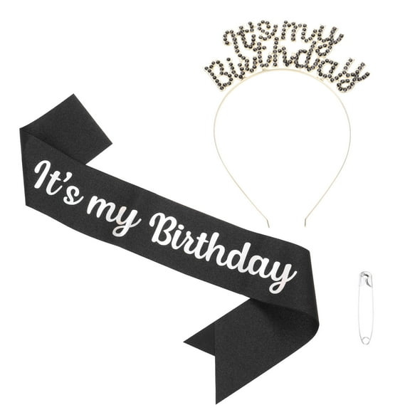 It's My Birthday Sash with Headband for Women Party Crown Decor Black Gold