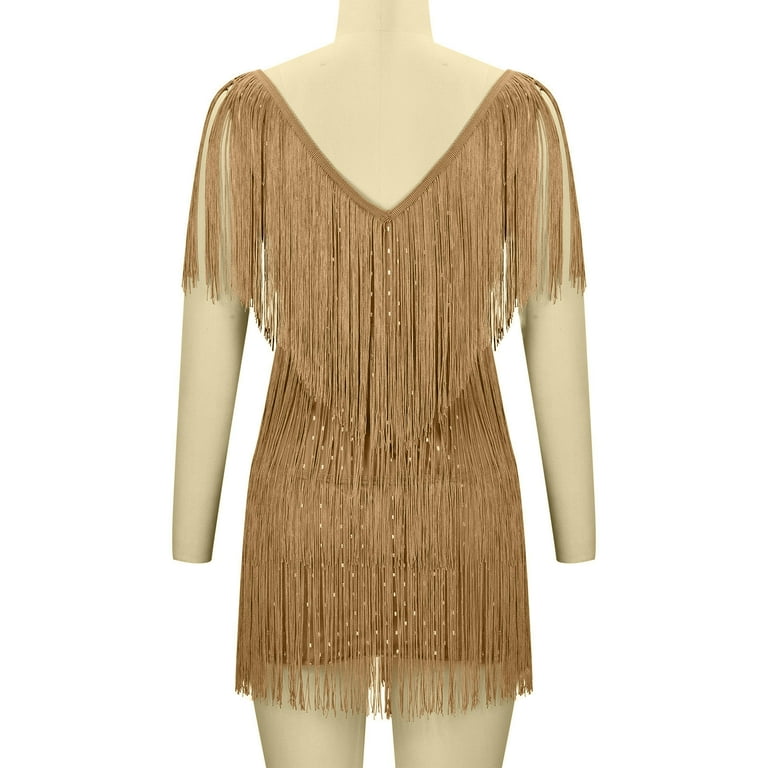 Lovskoo 2024 Women's Mini Sequin Dress Deep V-Neck Sleeveless Solid Color  Bodycon Cocktail Dress with Tassel Wedding Guest Dress Gold - Walmart.com