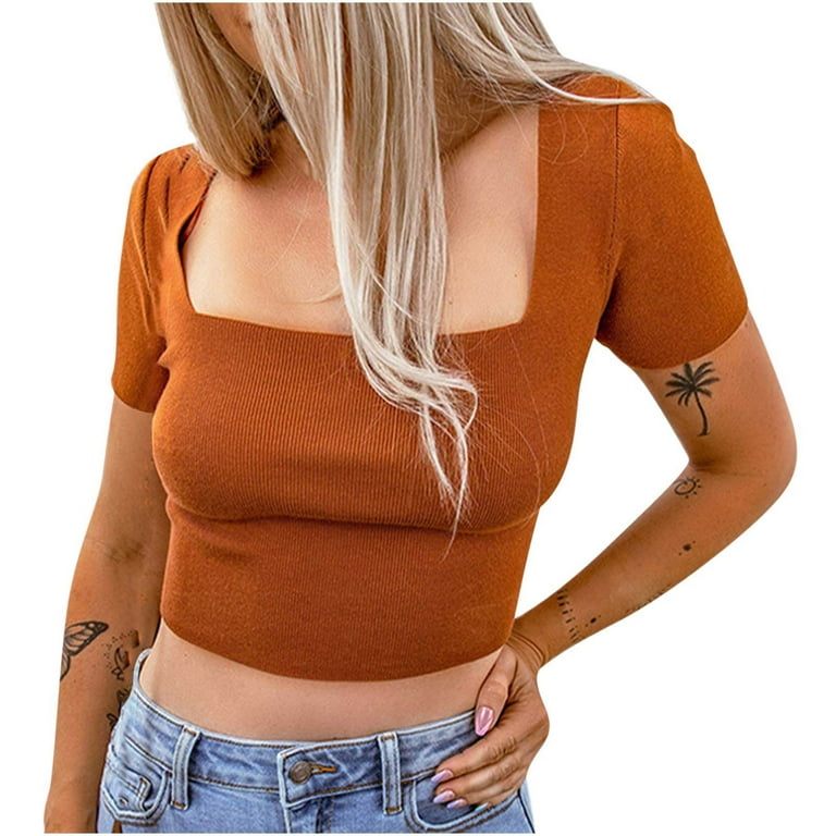 RQYYD Women Square Neck Y2K Crop Top Tee Shirt Ribbed Knit Tank