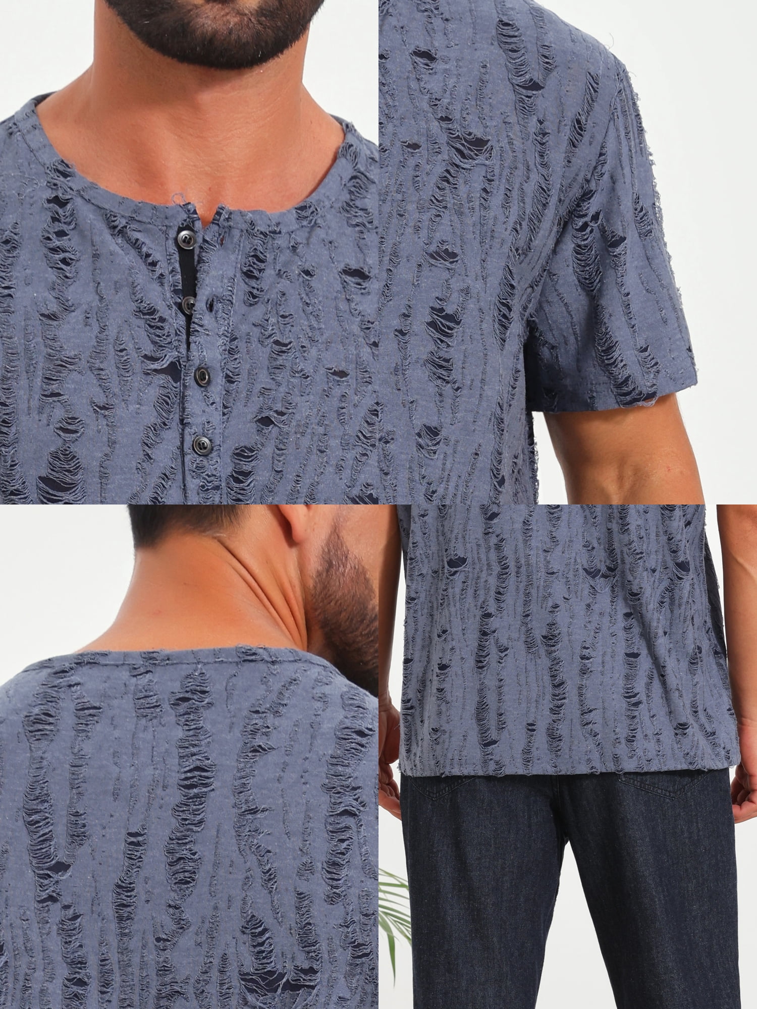 DARING DIVA Men's Ripped Henley Retro Short Sleeve Button Down T-Shirt S Gray Blue