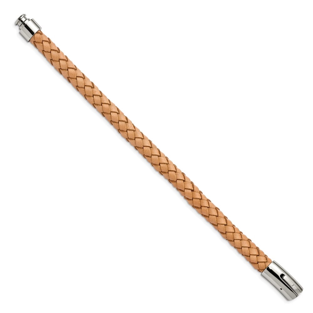 Diamond2Deal Stainless Steel Polished Light Tan Braided Leather Bracelet for Men 8.5"