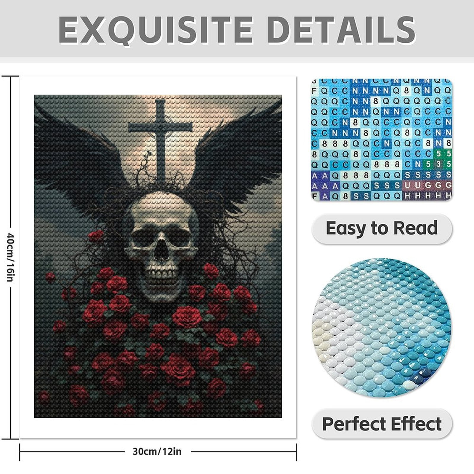 Diamond Art Kits for Adults - 5d Dark Wings Skull Roses Cross Diamond Painting for Adults, Diamond Art for Adults Beginners, Diamond Painting Kits for Adults for Home Wall Decor