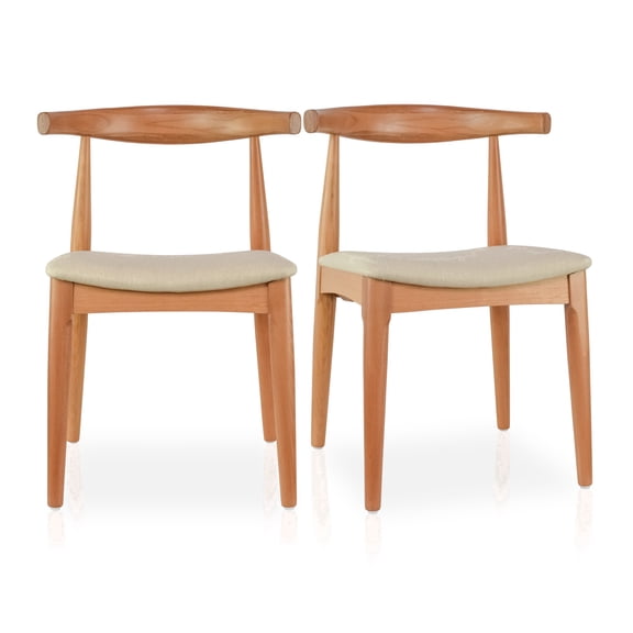 2xhome Set of 2 Contemporary Farmhouse Real Solid Wood Cloth Cushion Seat Dining Chairs Elbow Side Chair (Natural-Beige Seat)