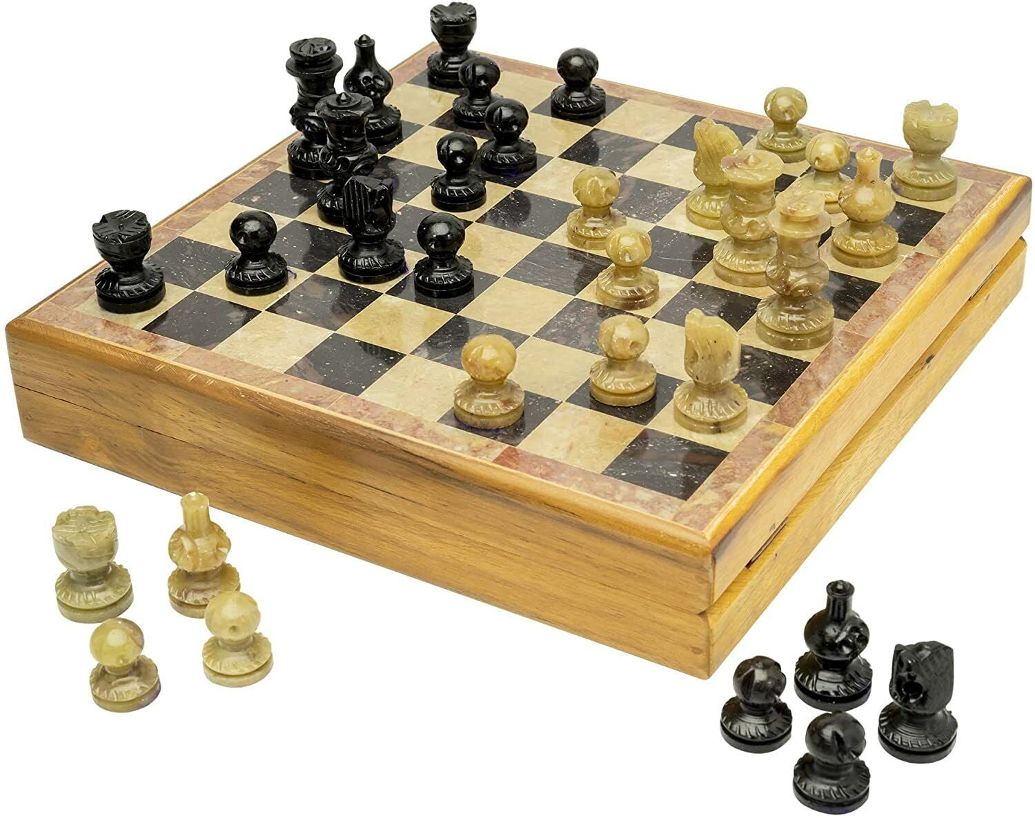 12" Wooden and Marble Chess Sets Handmade Chess Board Game Set Marble Piece