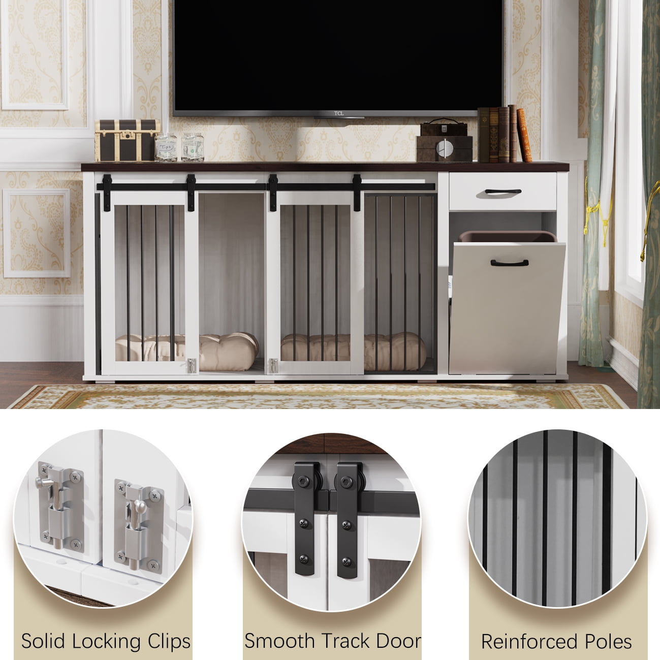 71'' Multi- Functional Dog Crate Furniture for 2 Dogs with Divider and Sliding Doors, Large Dog Kennel with Storage Drawer and Tilt Out Trash Cabinet, Whilte