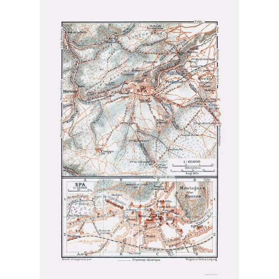 Historic Map - Spa Belgium - Baedeker 1910 - 23 x 32.25 - Vintage Wall Art