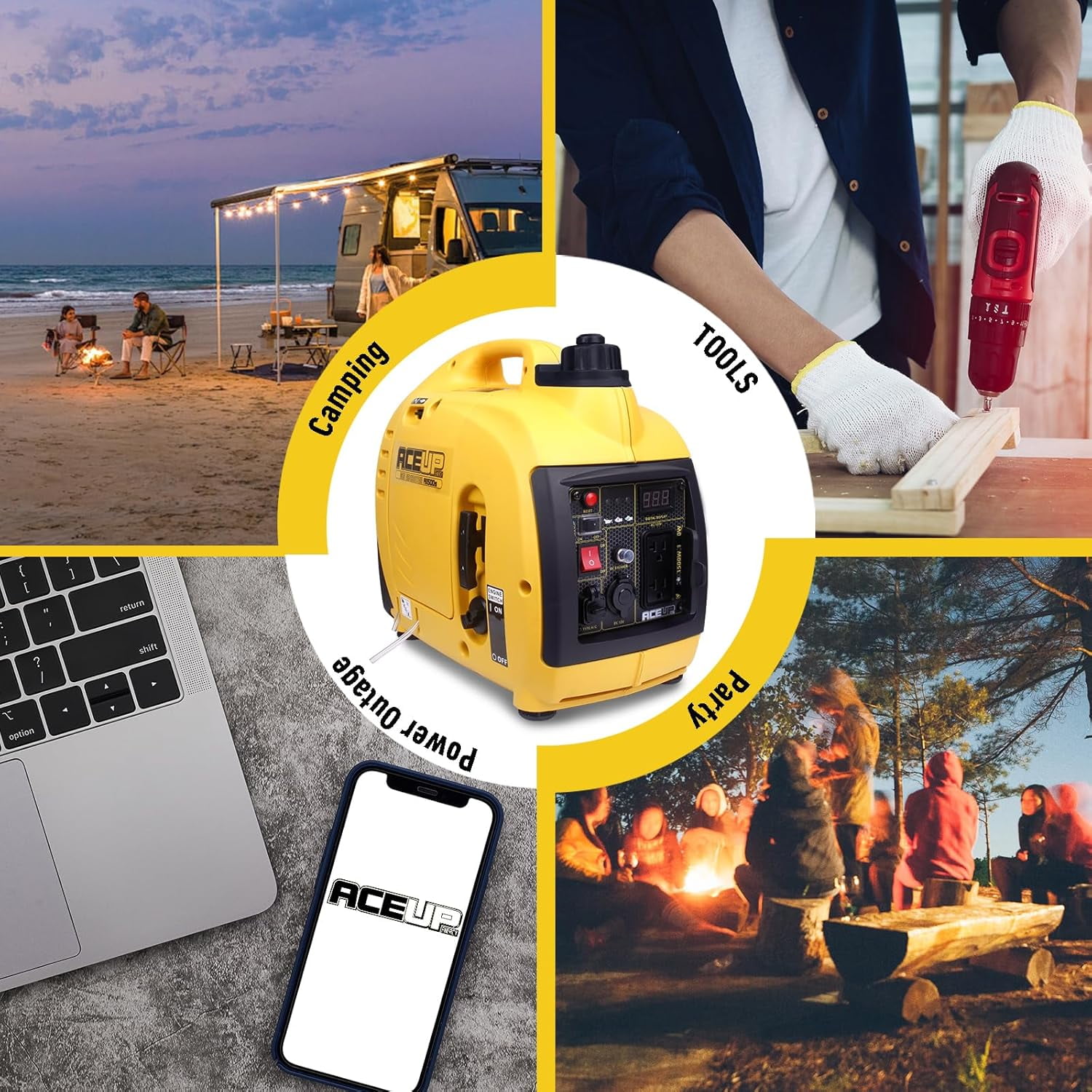 Aceup Energy 1500W Gasoline Inverter Generator, Pull Cord Start, Super Quiet, EPA Compliant, Lightweight, 1000W RV Ready