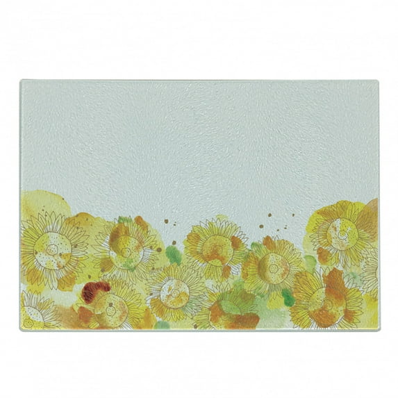 Floral Yellow Cutting Board, Watercolor Grunge Splash Hand Drawn Sunflowers, Decorative Tempered Glass Cutting and Serving Board, in 3 Sizes, by Ambesonne