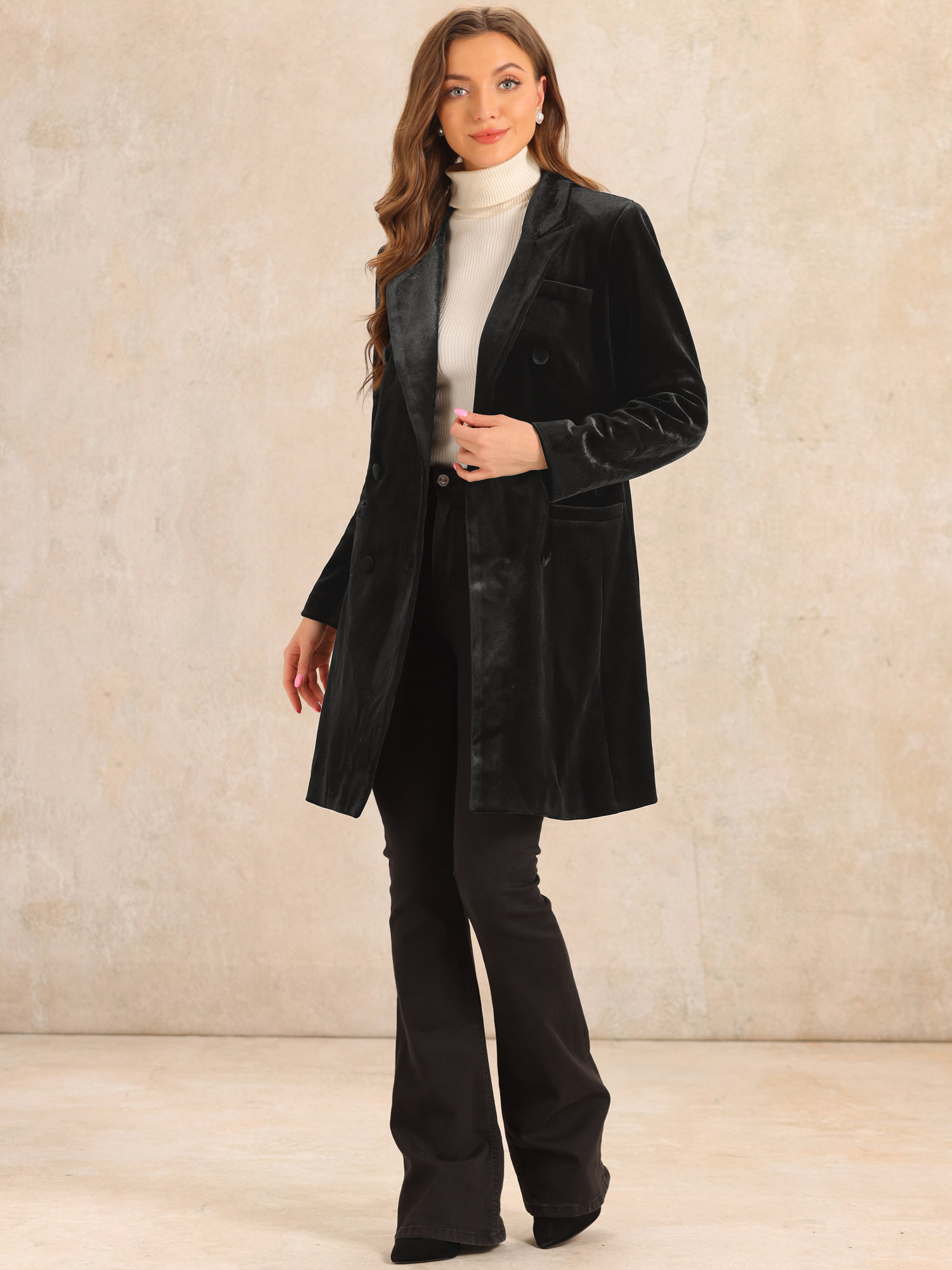 DARING DIVA Women's Velvet Lapel Double-Breasted Long Outerwear Winter Coats XS Black
