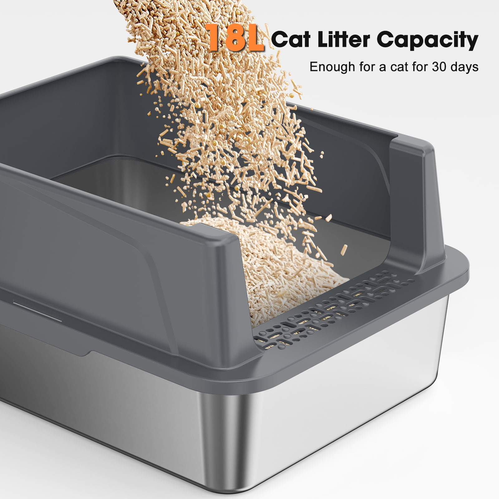 Stainless Steel Litter Box with High Sides: Top Entry Cat Litter Box for Small Mulit Big Cat, Anti-Urine Leakage, Non-Stick Bottom, 17in, Dark gray