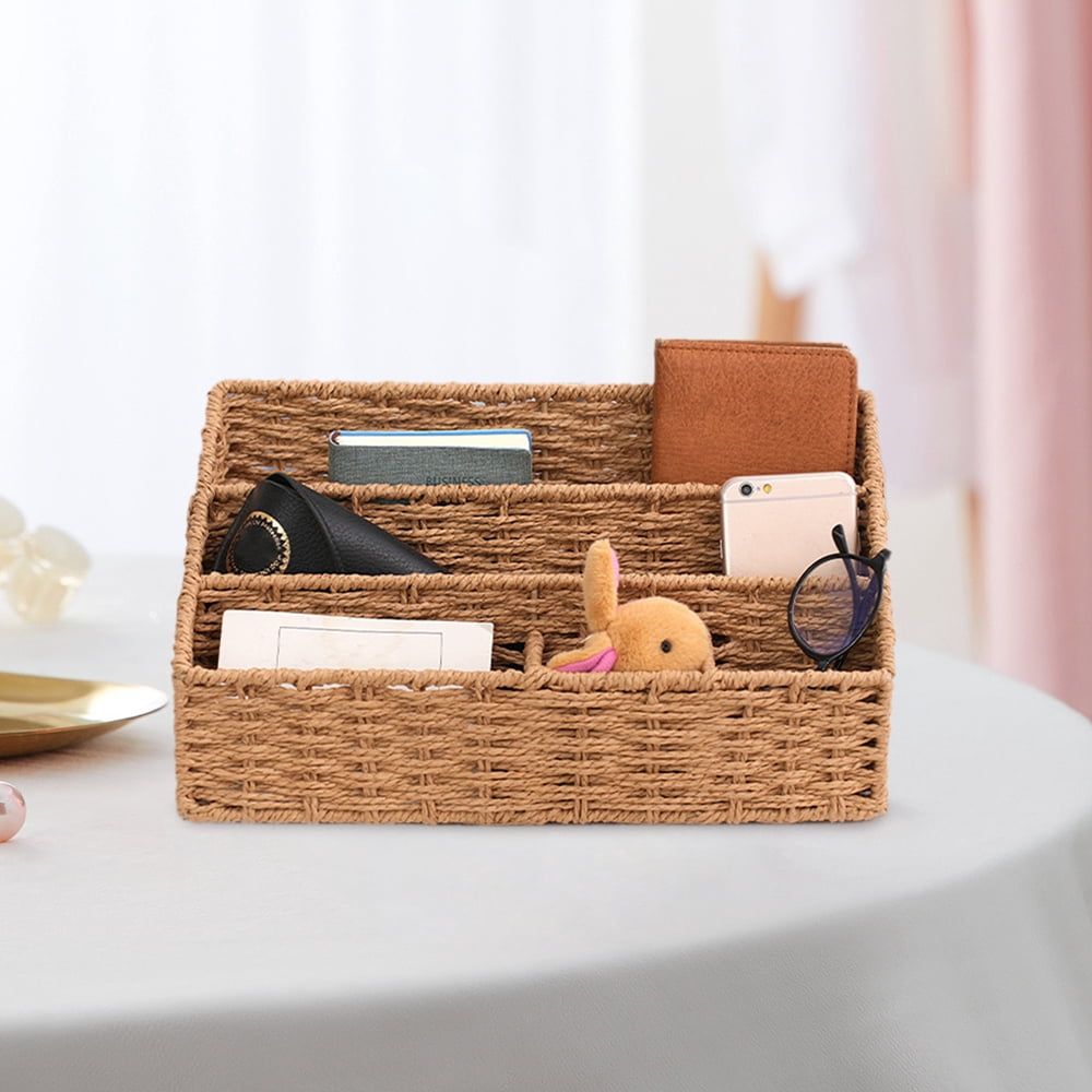 Woven Mail Organizer Basket, 12.6 Inch Countertop Mail Organizer for Bills and Pens, Farmhouse Desk Storage and Accessories