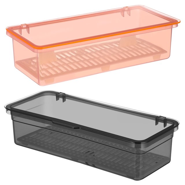 Organizador de cucharas, 2 piezas, bandeja para cubiertos con tapa y escurridor, soporte de plástico transparente negro y rosa para cubiertos.