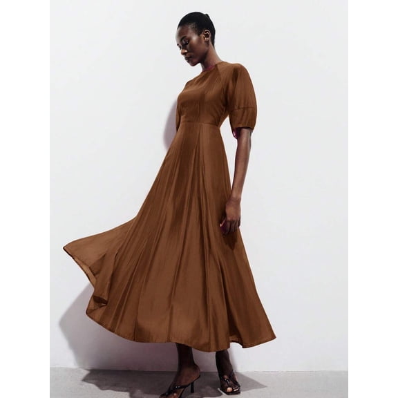 Womens Vintage Coffee Brown Modest Round Neck A-Line Maxi Dress