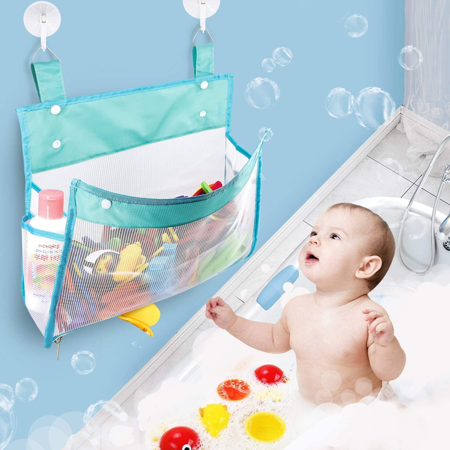 Toddlers and Adults with 3 Adhesive Strong Hooks Quick Dry Net Bathtub Toy Holder for Kids Hanging Bathroom Storage Bags Bath Toy Organizer Mesh Gray 