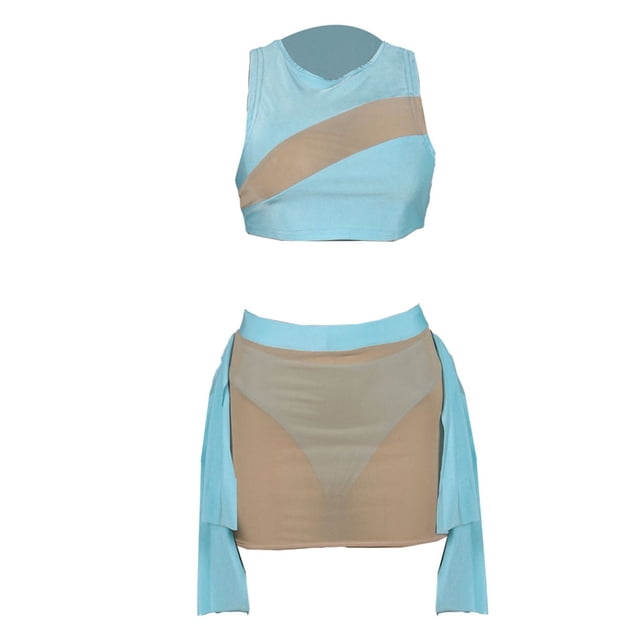 Outfmvch Ensembles de Bikini pour Femmes Taille Haute Ensembles de Bikini pour Femmes Bikini Micro Maillot de Bain pour Femmes Patchwork de Vacances Transparent Asymétrique Sans Manches Ensemble Trois Pièces Bleu L