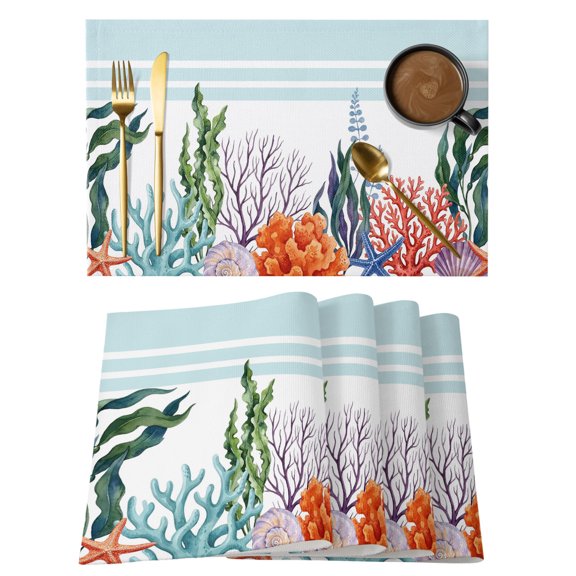 Summer Coral Reef Placemats Set of 2, Coastal Nautical Green Orange Ocean Blue Linen Texture Non-Slip Place Mats Washable Table Mats for Kitchen Dining Table Decorations Indoor/Outdoor