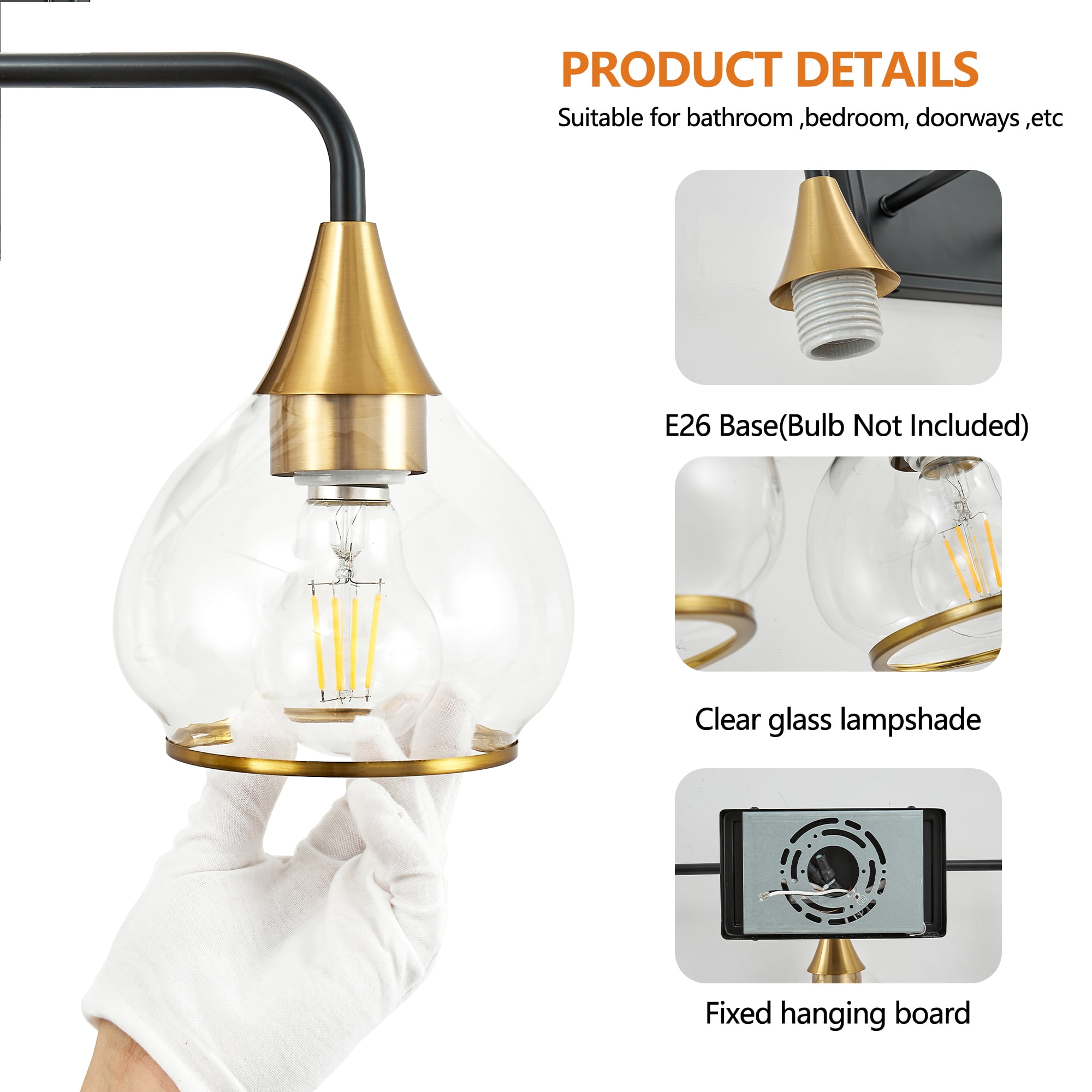 Matte Black and Gold bathroom 5 Light Bulbs Fixtures over mirror for Ceiling for House Toilet, bathroom and bedroom vanity