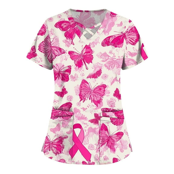 WTOBBY Women's Trendy Cross V-Neck Short Sleeve Overalls Featuring Double Layer Pockets Printed Scrub Top, Nursing Uniform Apparel for Professionals, Durable and Comfortable ,Beige L