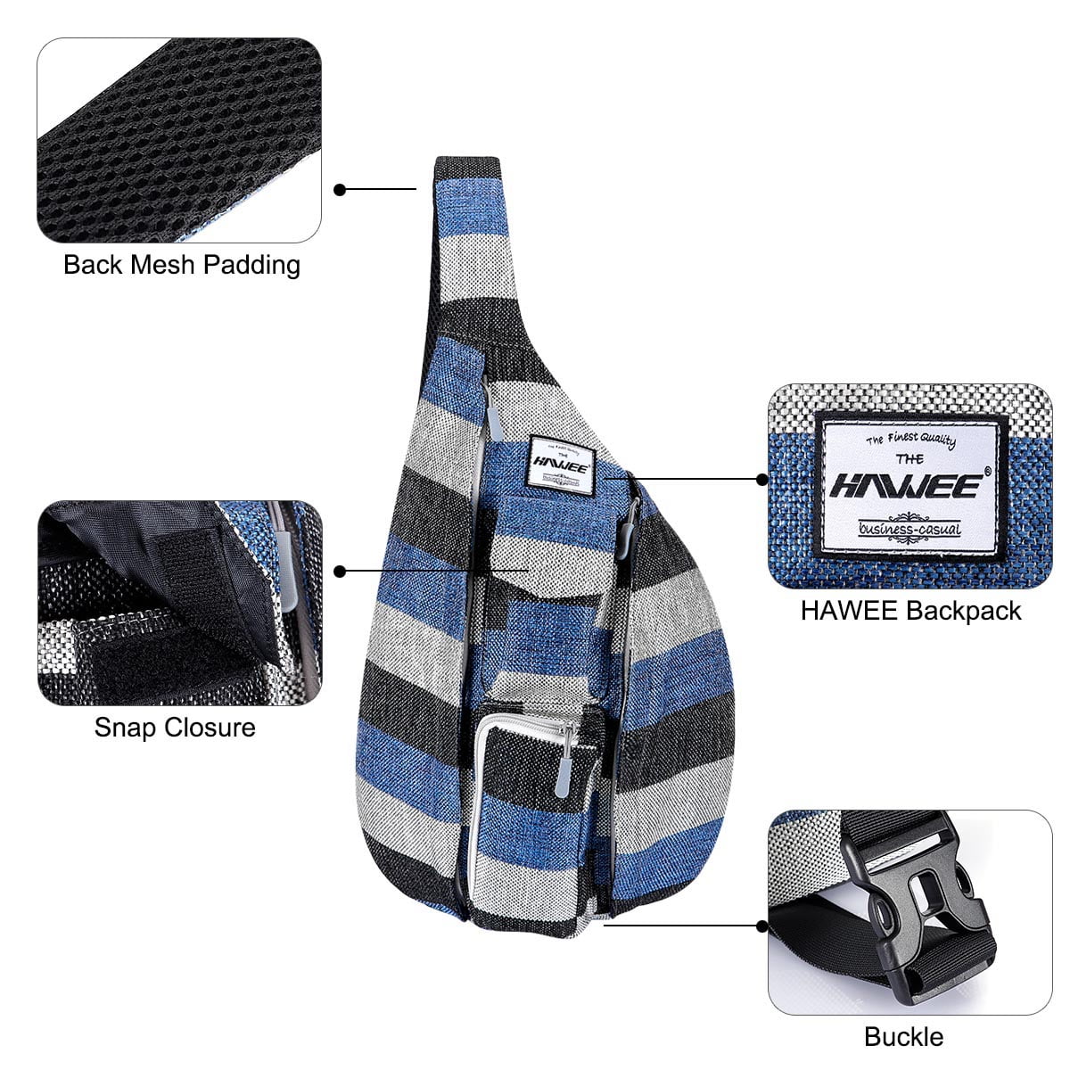 HAWEE Backpack for Women Hiking Backpack Chest Sling Bag Sports Travel Crossbody Daypack, Wide Stripes of Black/ Blue/Gray