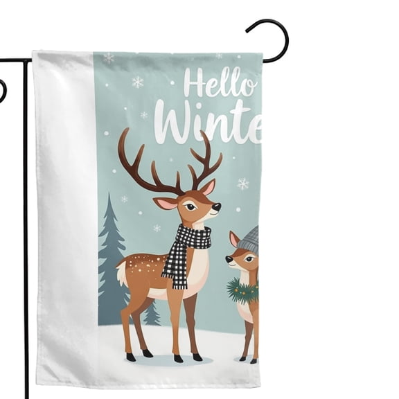 Winter Deer Garden Flag Double Sided Outdoor Decoration with Hello Winter Text 12x18 Inch Polyester Yard Banner for Seasonal Holiday Porch Patio Decor