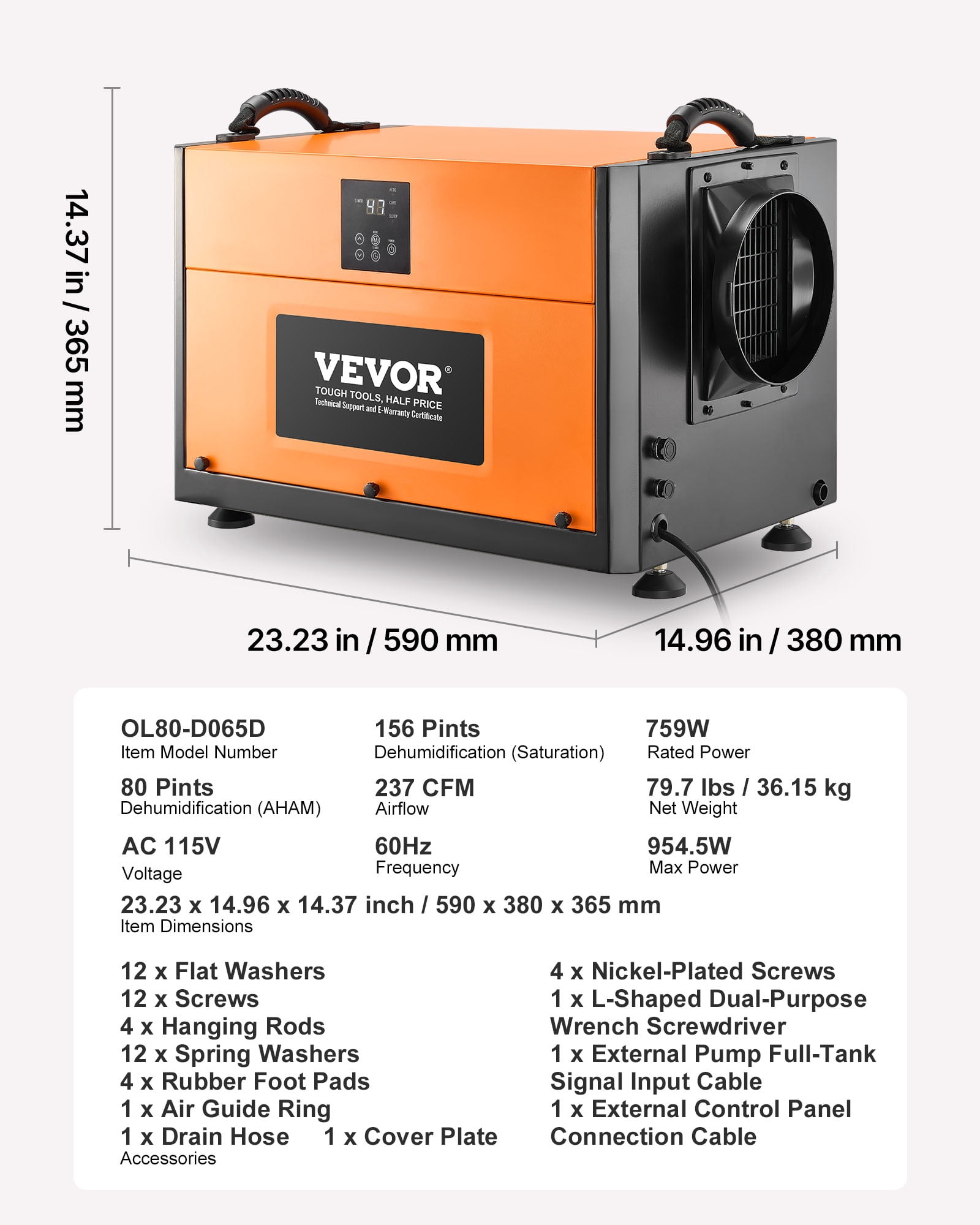 VEVOR 156 Pints Commercial Dehumidifier with Drain Hose, Portable Crawl Space Dehumidifiers for Basement Storage Room Industrial Grade,Auto Defrost/Drainage,Heavy-duty Galvanized Steel,LED Indicate