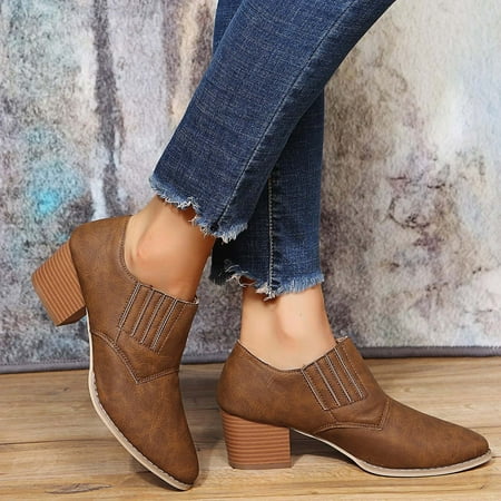 

ZMHEGW Women Boots Color Round Toe Non Slip Heels Short Booties Slip On Solid Boots Shoes