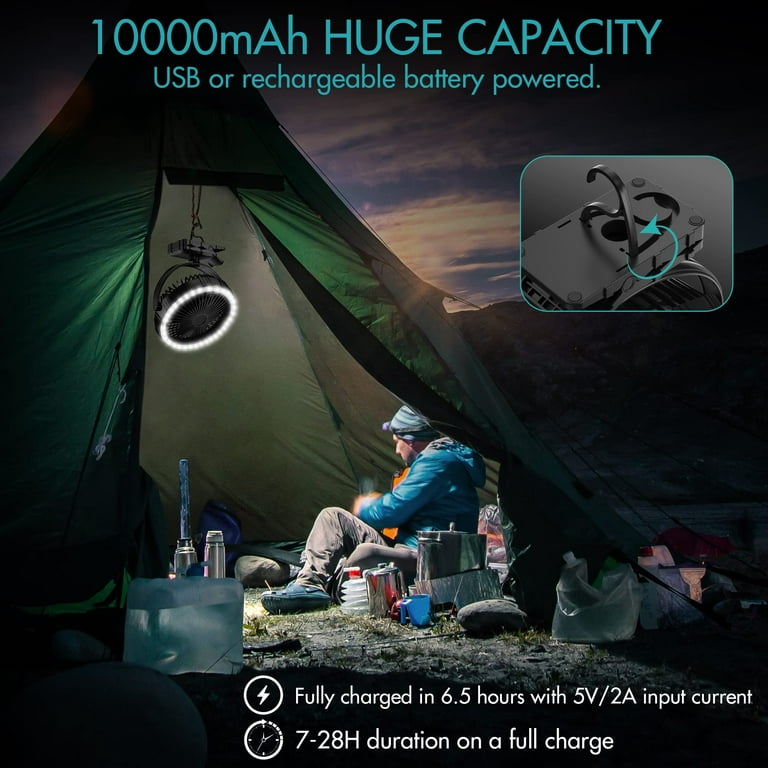 10000mAh Portable Battery Powered Fan Rechargeable Camping Tent Fan w/LED  Light