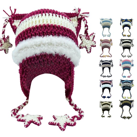 RUTAYY Women's Halloween Earflap Hat Star Stripes Winter Knitted Party Hats Red