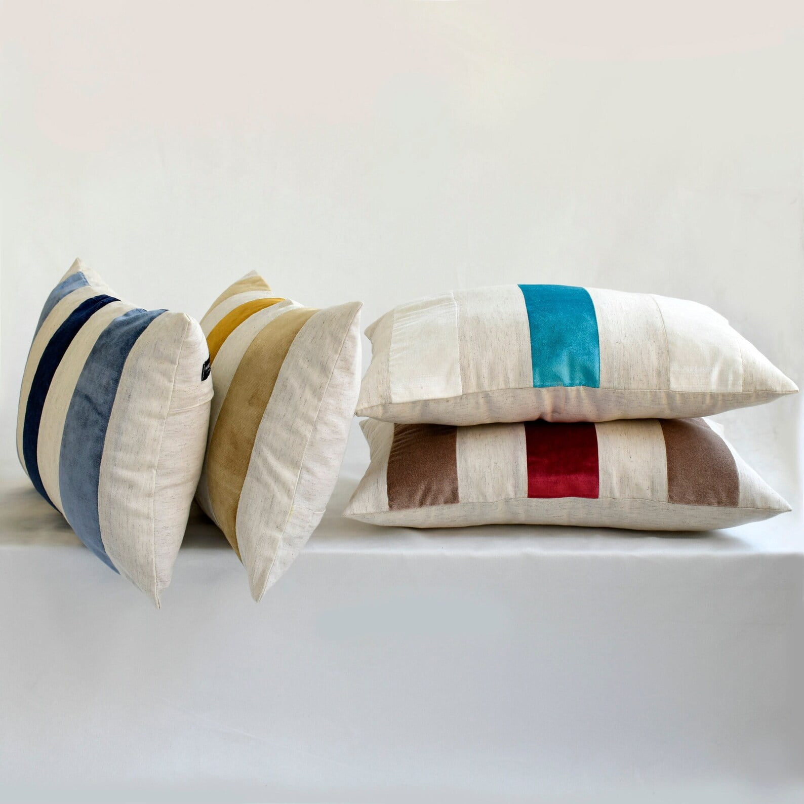 The HomeCentric Decorative Purple Pack of 2, 12"x20" (30x50 cm) Lumbar Pillow Cover, Velvet & Linen Patchwork Oblong Pillow, Striped Pattern Modern Style - Swathe Wine