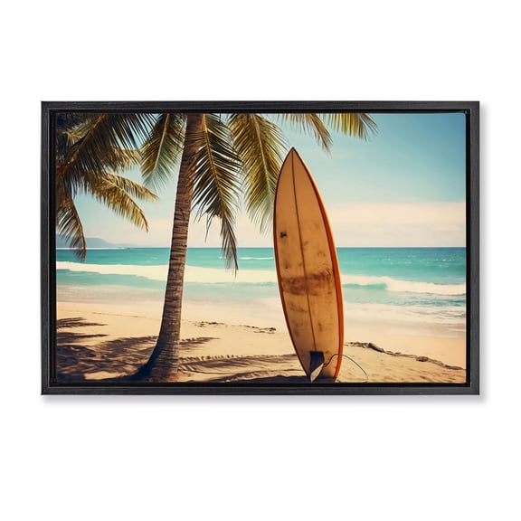 Stupell Industries Coastal Surfboard Standing Near Shore Black Floating Frame Canvas Art, 25 x 17, by LSR Design Studio