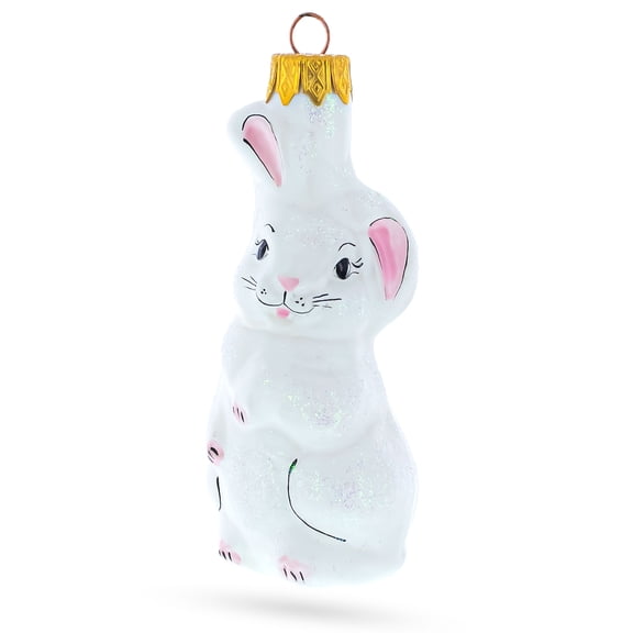 Whimsical White Bunny with Pink Ears Glass Christmas Ornament