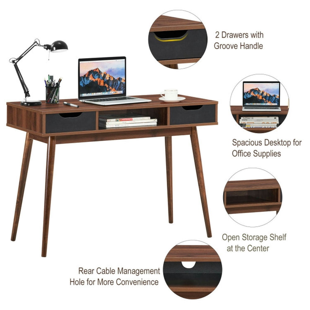 Demi Bonn Stylish Computer Desk Workstation with 2 Drawers and Solid Wood Legs, Small Home Office Desk Study Writing Table, Brown
