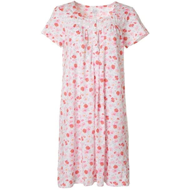 Aria Aria Womens Bright Daisy Lace Trim Short Sleeve Nightgown