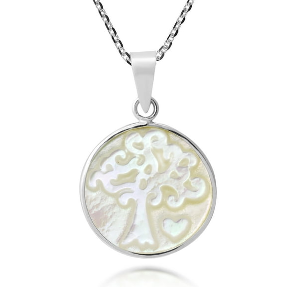 Sacred Love Tree of Life Carved Seashell .925 Sterling Silver Necklace