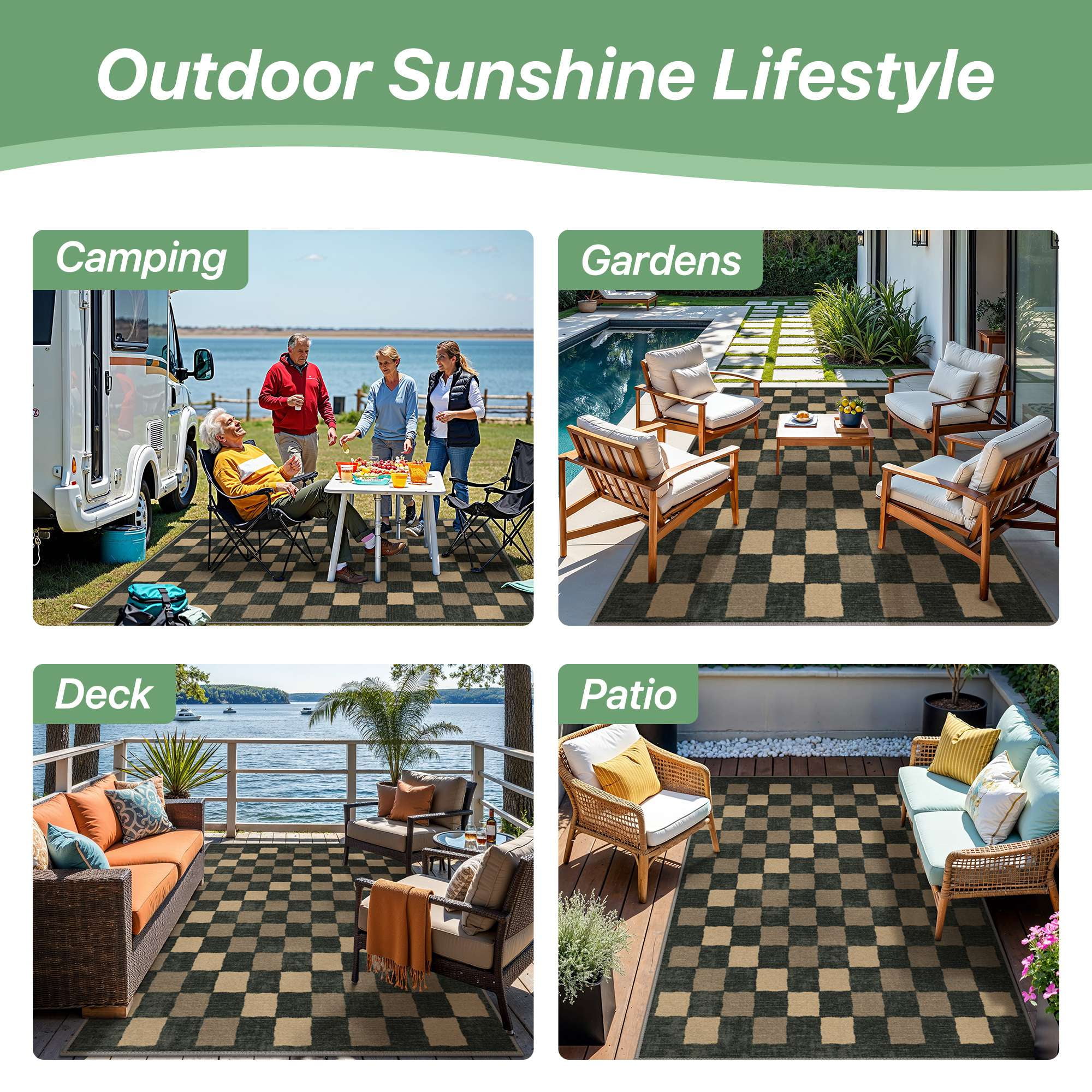 DEORAB Outdoor Rugs 4'X6' Chenille Patio Rug Three-Layer Material Imitation Silicone Spot Molding Camping Outside Rv Mat, Blue Black & Brown