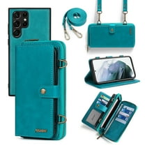 Galaxy S22 Ultra Wallet Case Premium Leather Flip Zipper Detachable Magnet Wallet Stand Card Holder Case with Crossbody Lanyard Strap Zipper Pocket Cover for Samsung Galaxy S22 Ultra, Blue