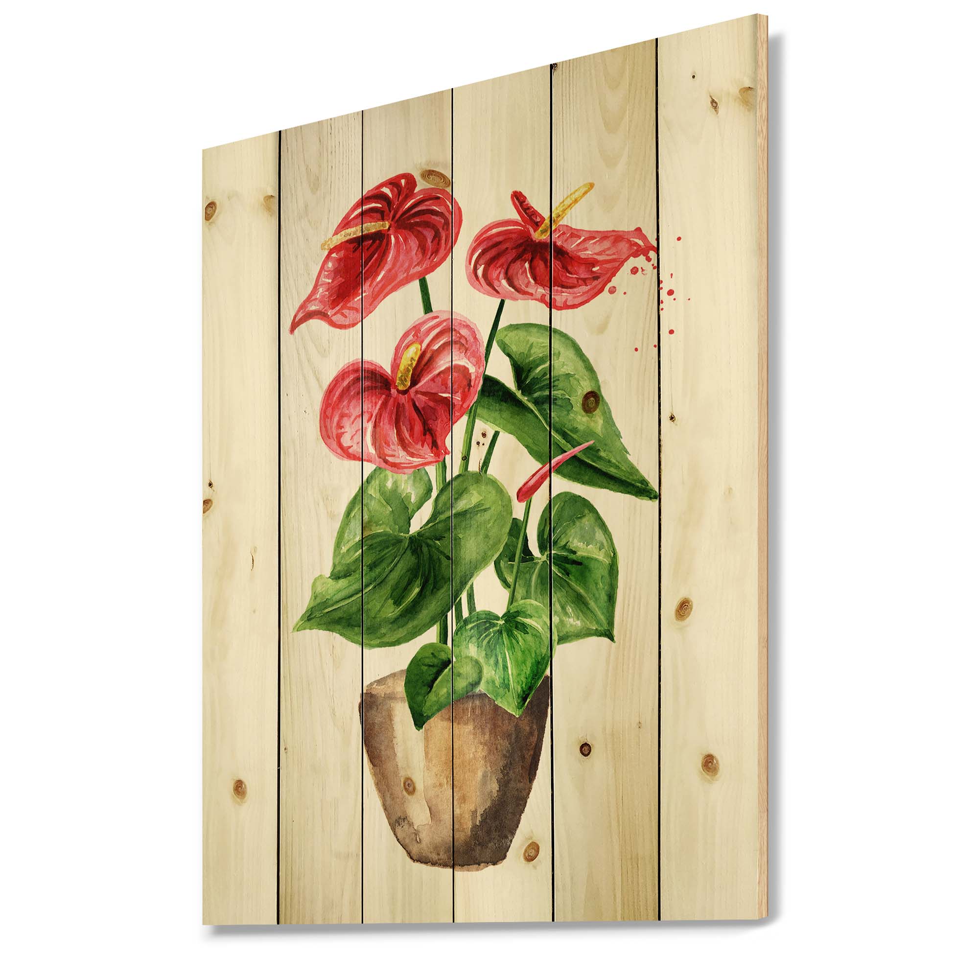 Designart 'Anthurium Tailflower In The Pot' Traditional Print on Natural Pine Wood