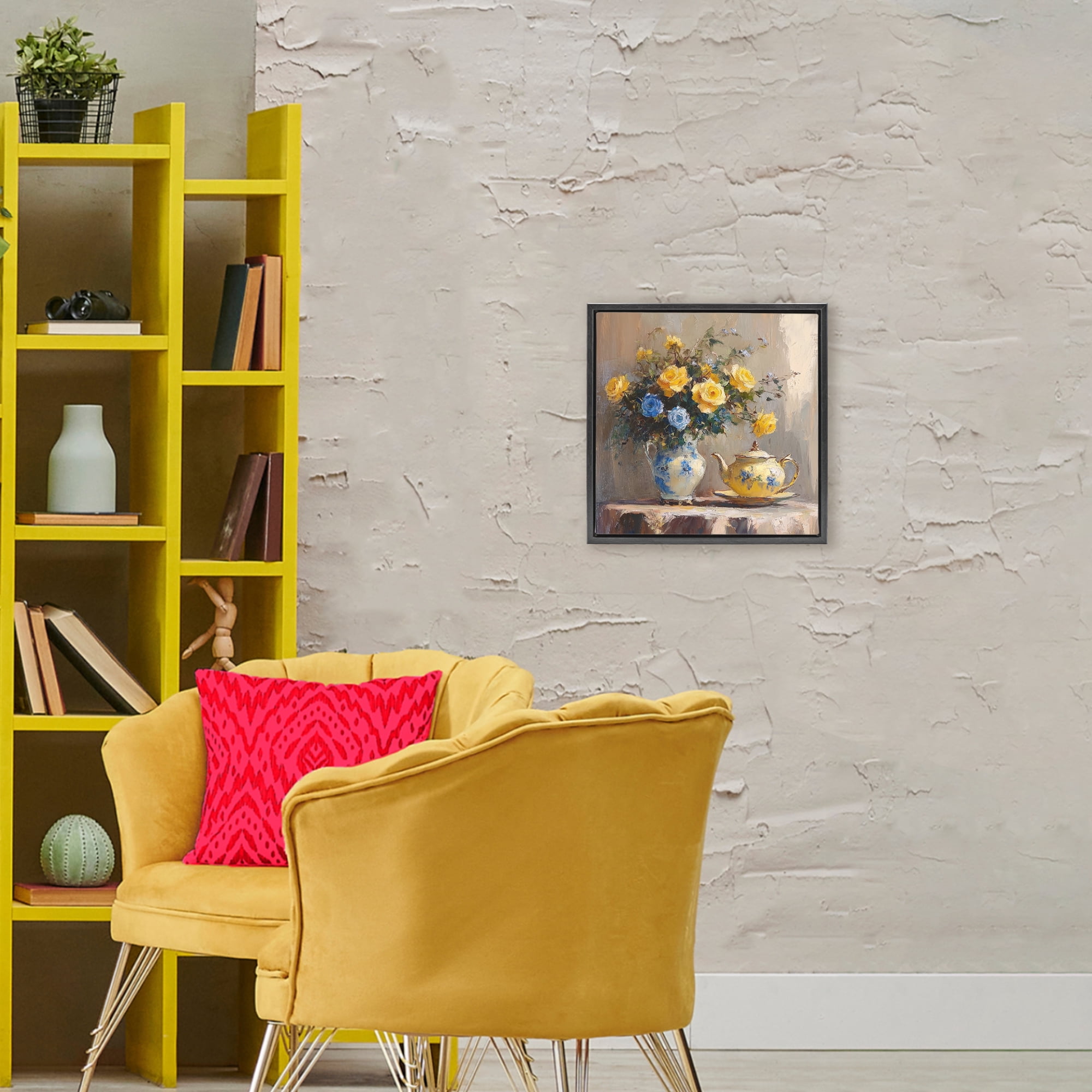 Stupell Industries Tea Time Blue & Yellow Bouquet Black Framed Floater Canvas Wall Art, design by Petal Prints Design