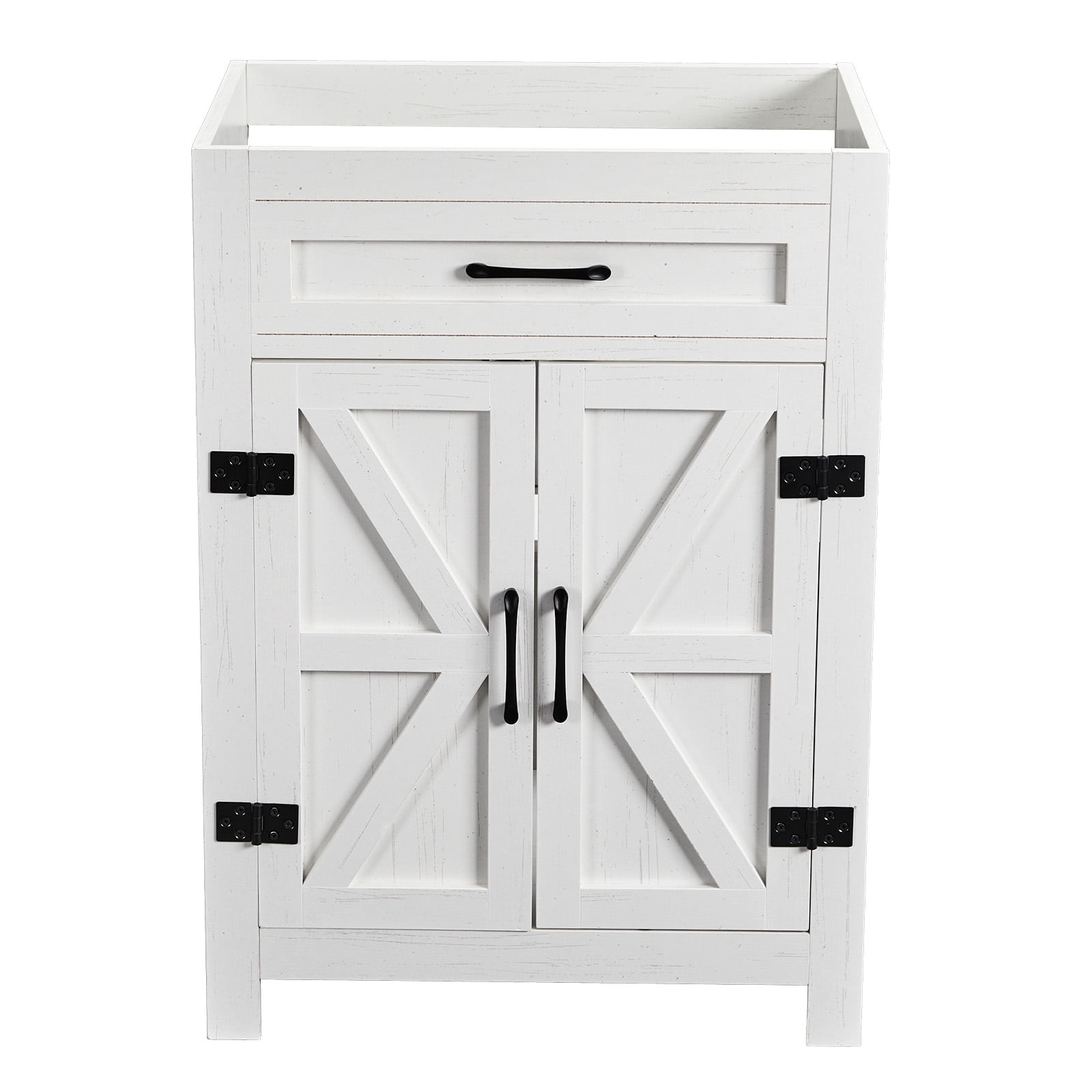 Washbasin Cabinet, Barn Double Door With U-Shaped Internal Shelves, Washed White Particleboard With Melamine Veneer, 61*47*85cm (24 inches)