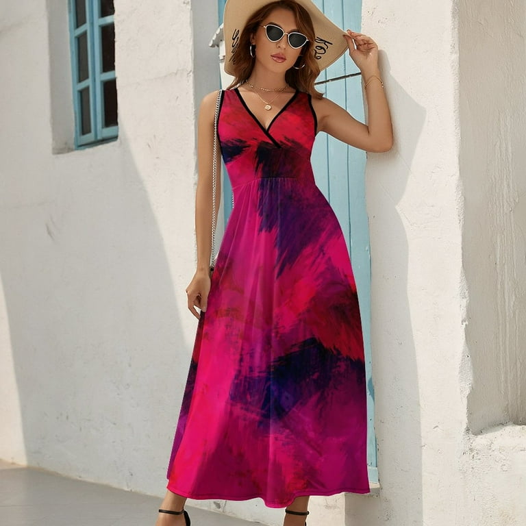 Maxi Dress Abstract Brush Dress Red and Purple Night Club Streetwear  Bohemia Long Dresses Sleeveless Custom Big Size Vestido - Walmart.com