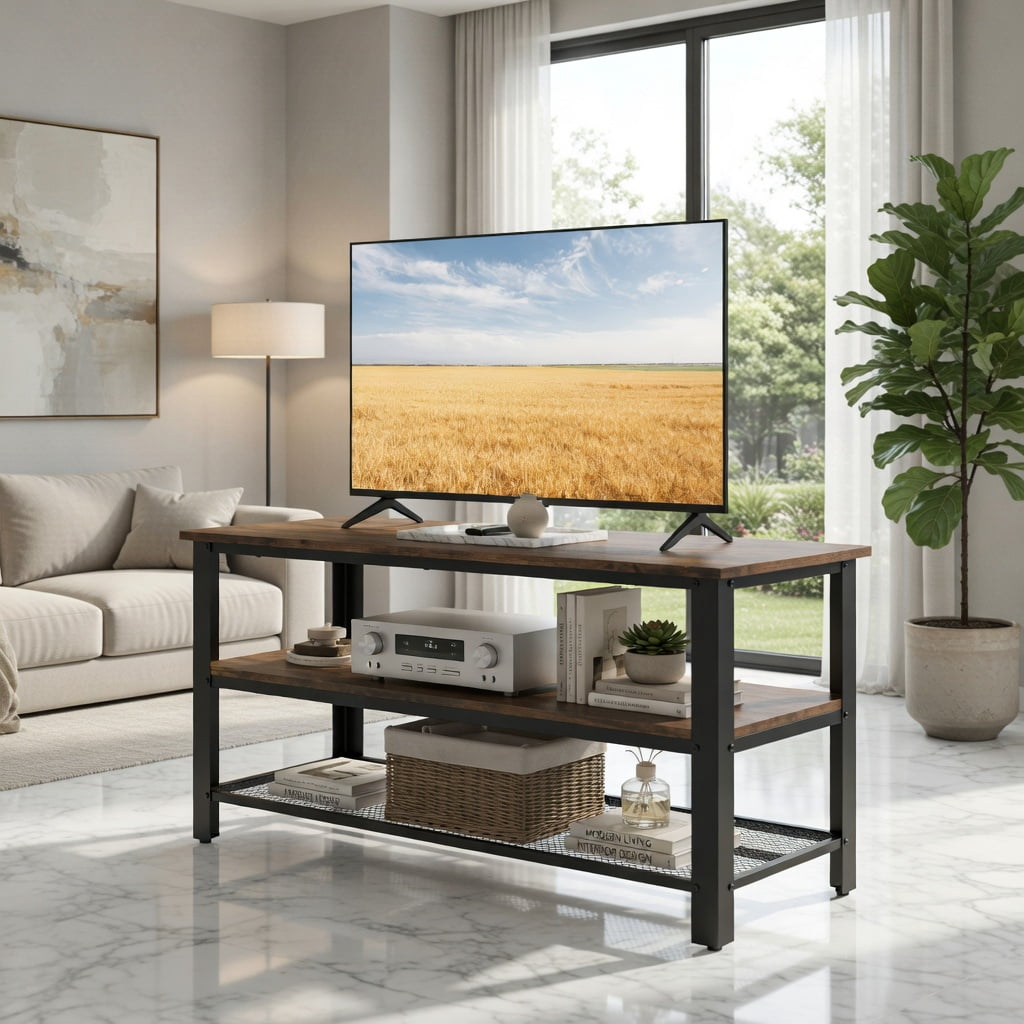 Demi Bonn 3-Tier Industrial TV Stand with Metal Mesh Shelf, Media Entertainment Center with Storage for Living Room, Brown