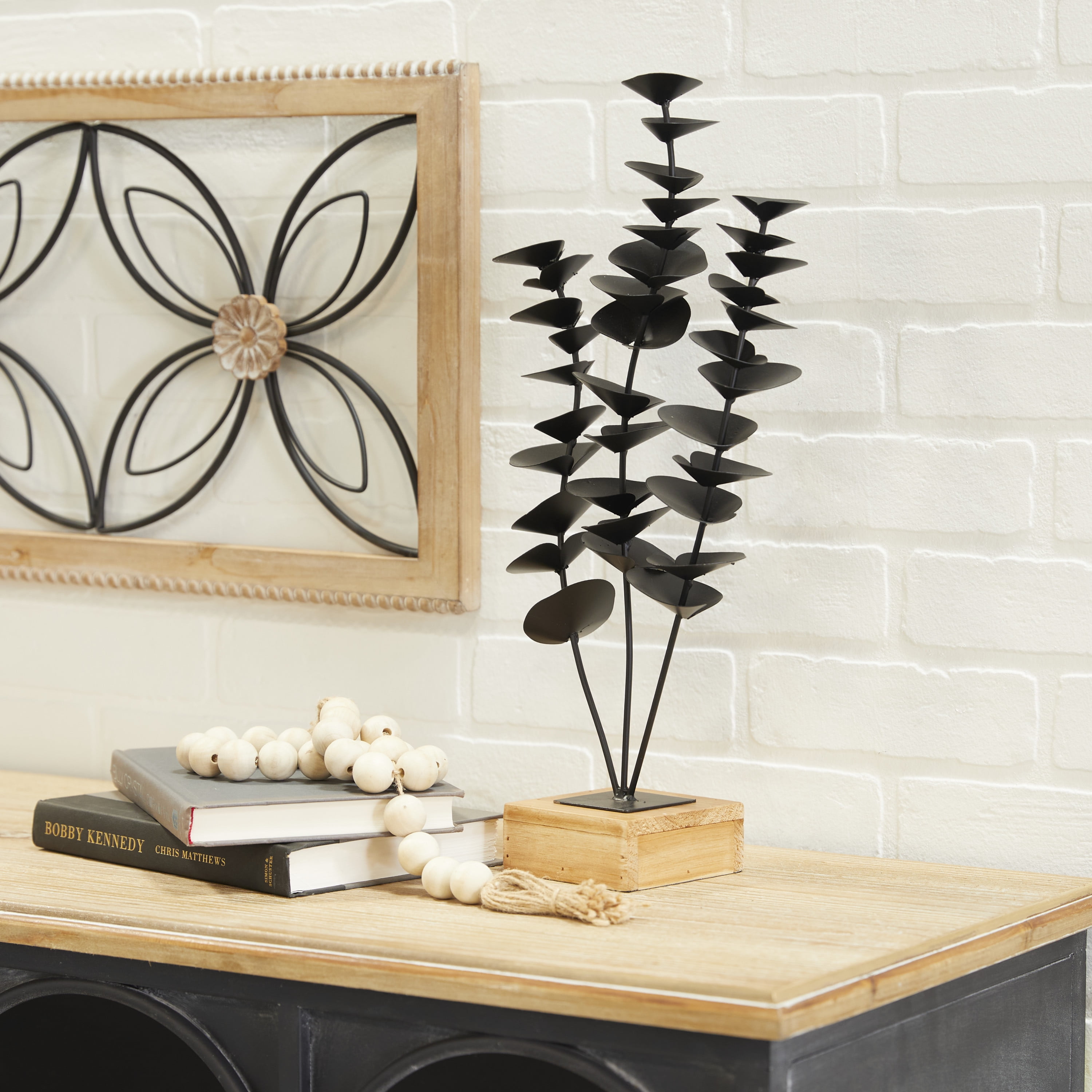 9" x 18" Black Metal Leaf Sculpture with Wood Base, by DecMode