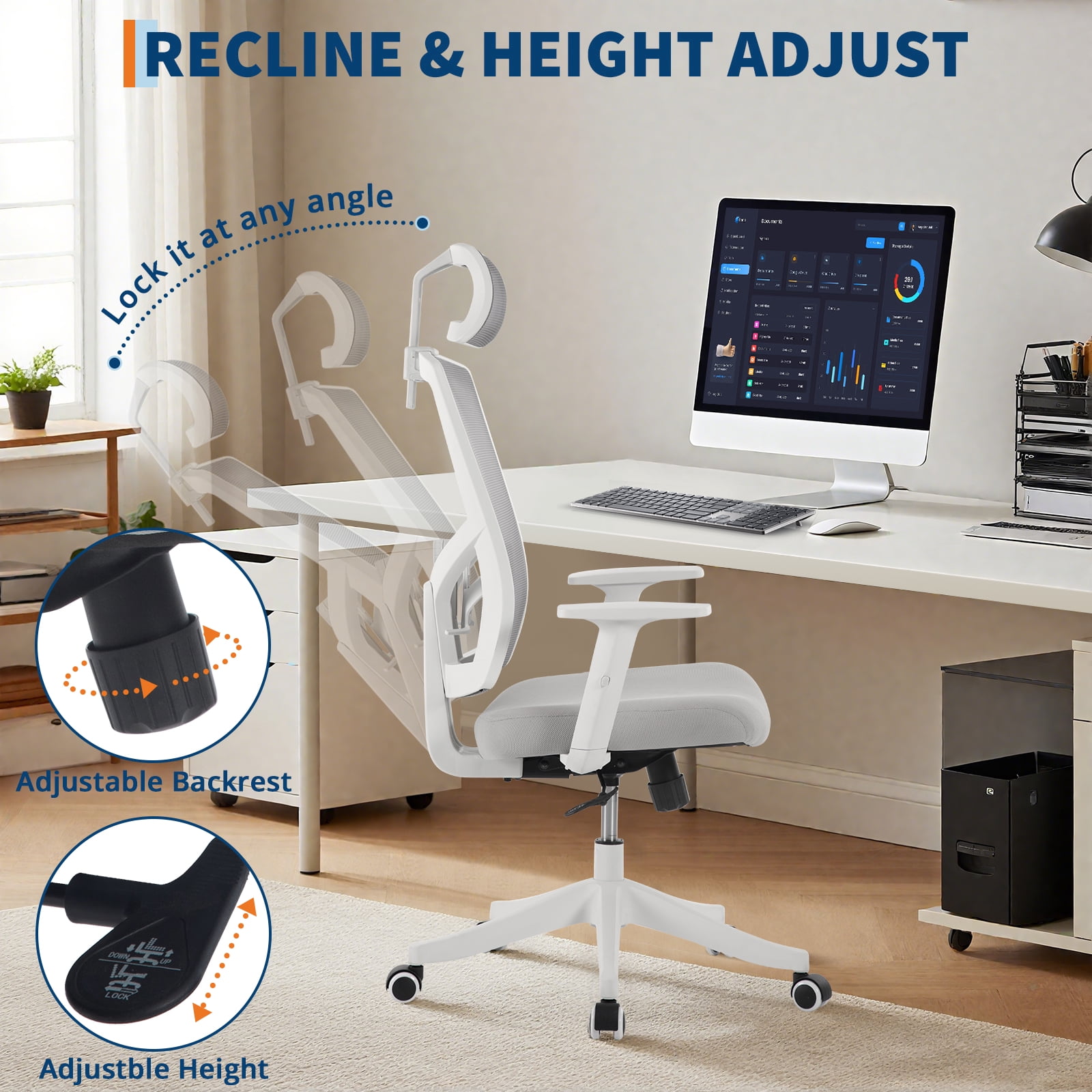 Ergonomic Office Chair with Adjustable Lumbar & Headrest, Adjustable Mesh Desk Chair with Lumbar Support, High Back Swivel Computer Chair with Armrests, Comfortable Desk Chair for Gaming, Studying
