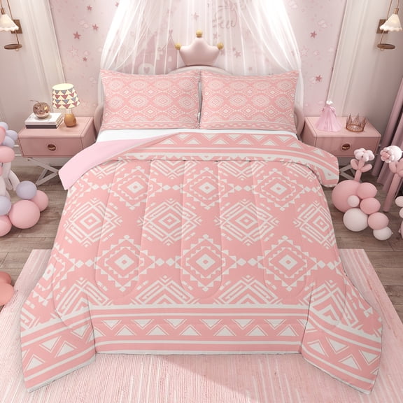 Feelyou Bohemian Aztec Women Bedding Comforter Set, Vintage Bohemian Mandala Twin Comforter Sets, Pink Triangle Square Reversible Bedding Set, Ultra Soft Bedroom Decor, 2-Piece